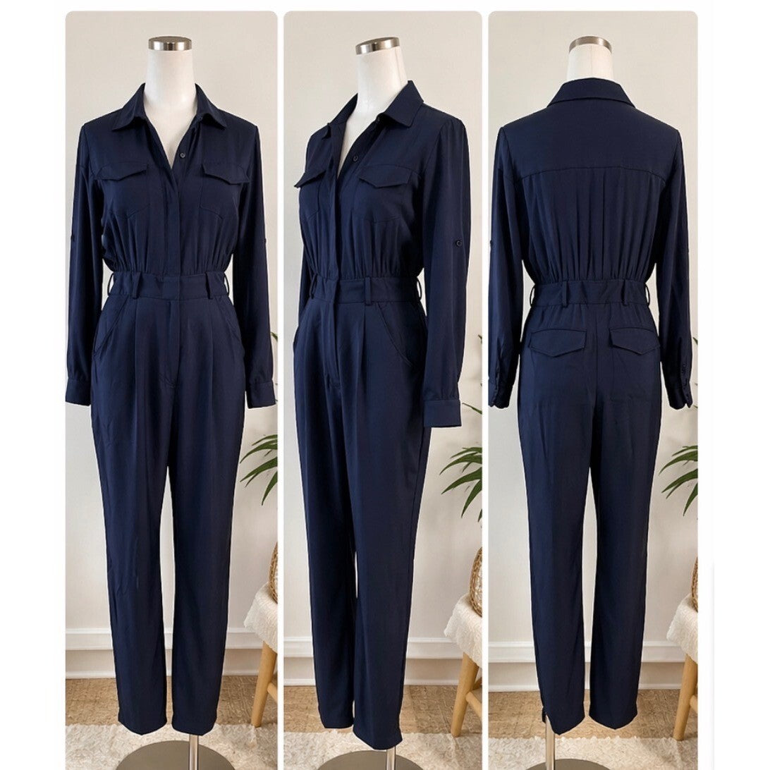 Milly Silk Utility Jumpsuit Womens 4 Navy Blue Long Sleeve Minimalist Boho