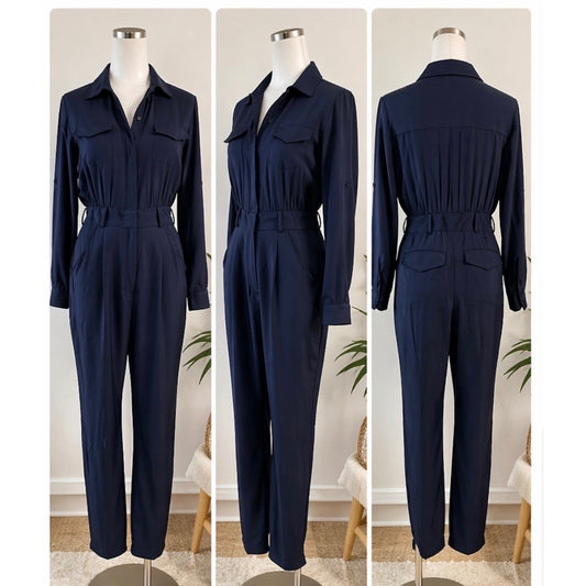 Milly Silk Utility Jumpsuit Womens 4 Navy Blue Long Sleeve Minimalist Boho