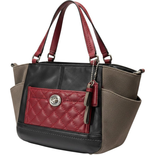 Coach Satchel Handbag Women Small Black Leather Suede Quilted Red Crossbody
