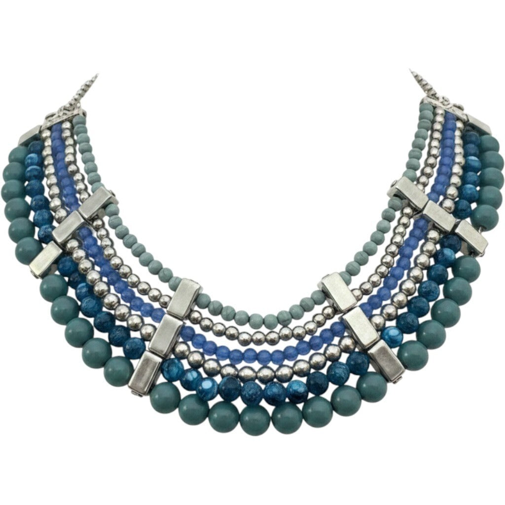 Erica Lyons Layered Beaded Necklace Women OS Blue Silver Tone Statement Coastal