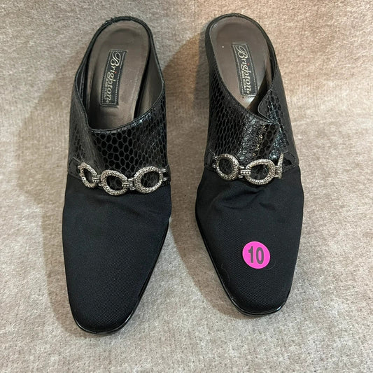 Brighton Made in Italy Black Y2K Snakeskin Embossed Mule Heels Size 10