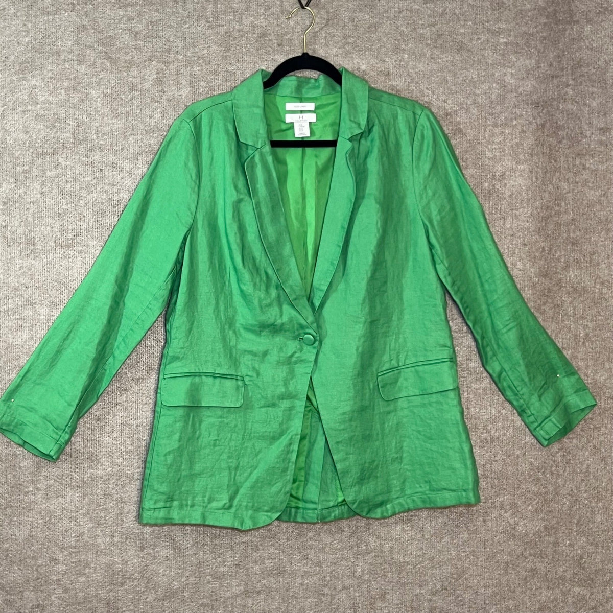 H Halston Blazer Women Medium Green 100% Linen Single Button Lightweight Career