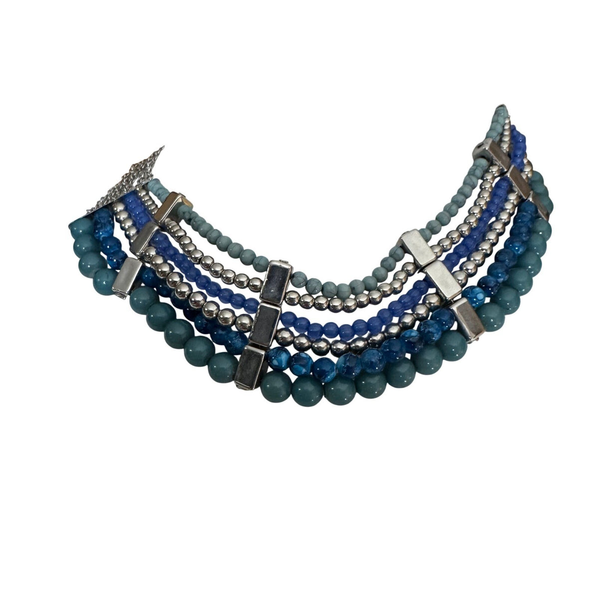 Erica Lyons Layered Beaded Necklace Women OS Blue Silver Tone Statement Coastal