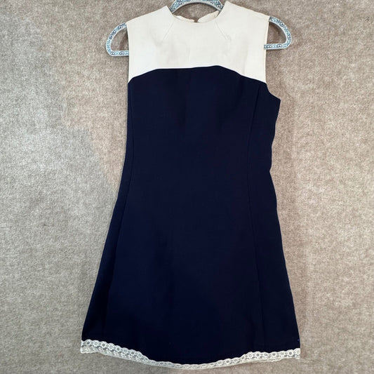 Kate Spade Shift Dress Womens 6 Navy White Lace Trim Sleeveless Mod Colorblock