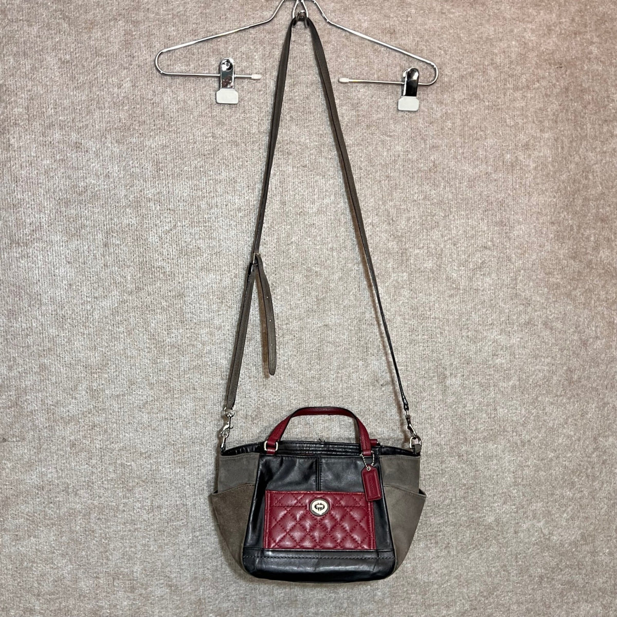 Coach Satchel Handbag Women Small Black Leather Suede Quilted Red Crossbody