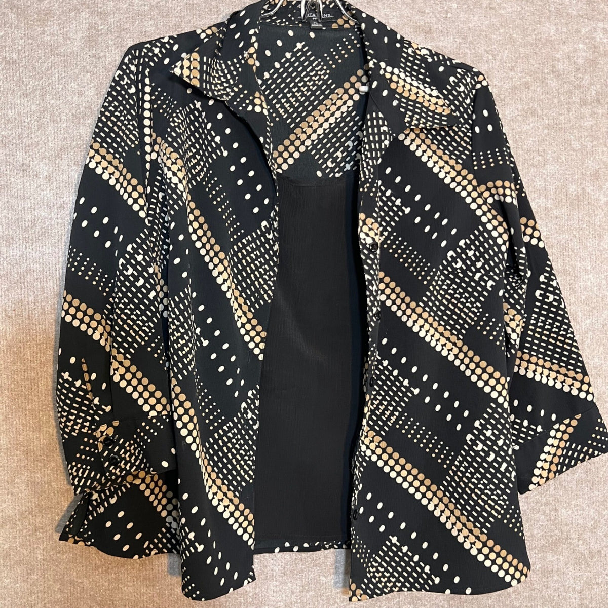 Notations Blouse Womens PL Black Tan Geometric Dot Button Up Career Workwear