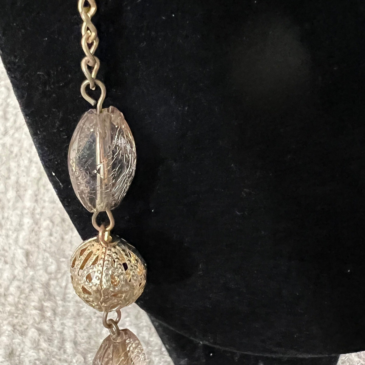 Long Gold Tone Necklace With Faceted Beads and Filigree Balls