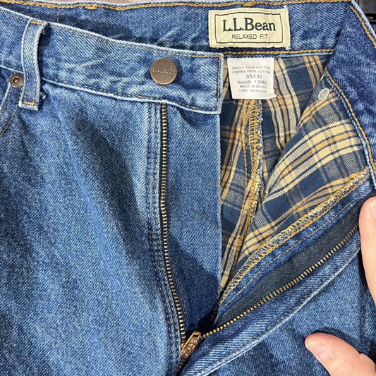 Vintage LL Bean Relaxed Fit Jeans Mens 35x30 Blue Plaid Lined Flannel Gorpcore