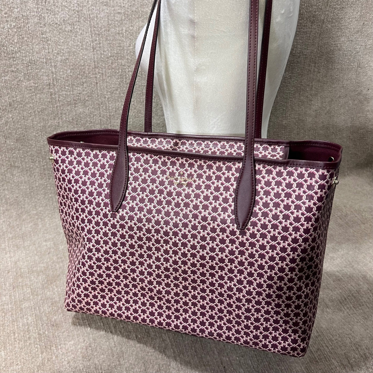 Kate Spade Link Tote Bag Burgundy Signature Logo Print Leather Trim