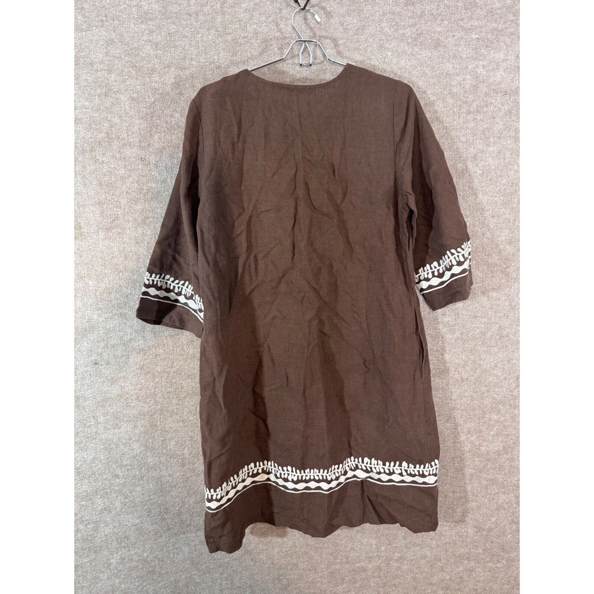J McLaughlin Ubud Dress Womens S Brown Linen Embroidered Palm Leaf Tunic