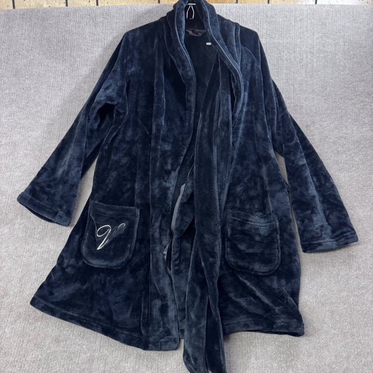 Victoria's Secret Plush Robe M/L Black Velour Spa Bath Loungewear Initial V