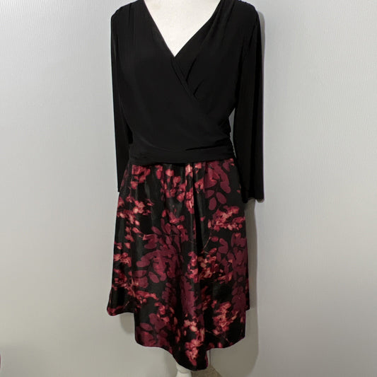 Dress Barn Dress Women’s 12 Faux Wrap Midi Leaf Black Red Gray Short Sleeve Zip