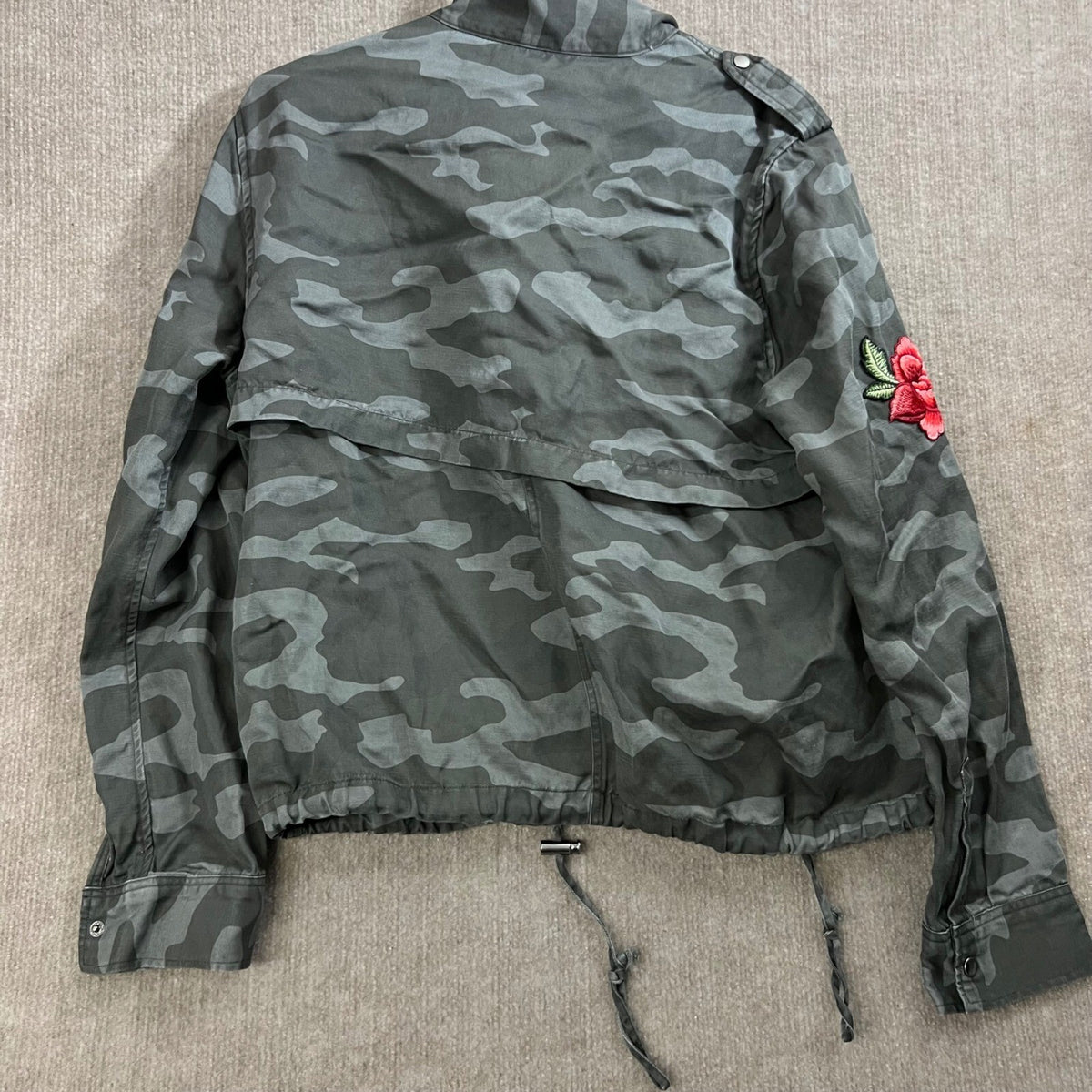 RAILS Women Lg Camo Military Jacket Rose Patch Embroidered Utility Cotton Blend
