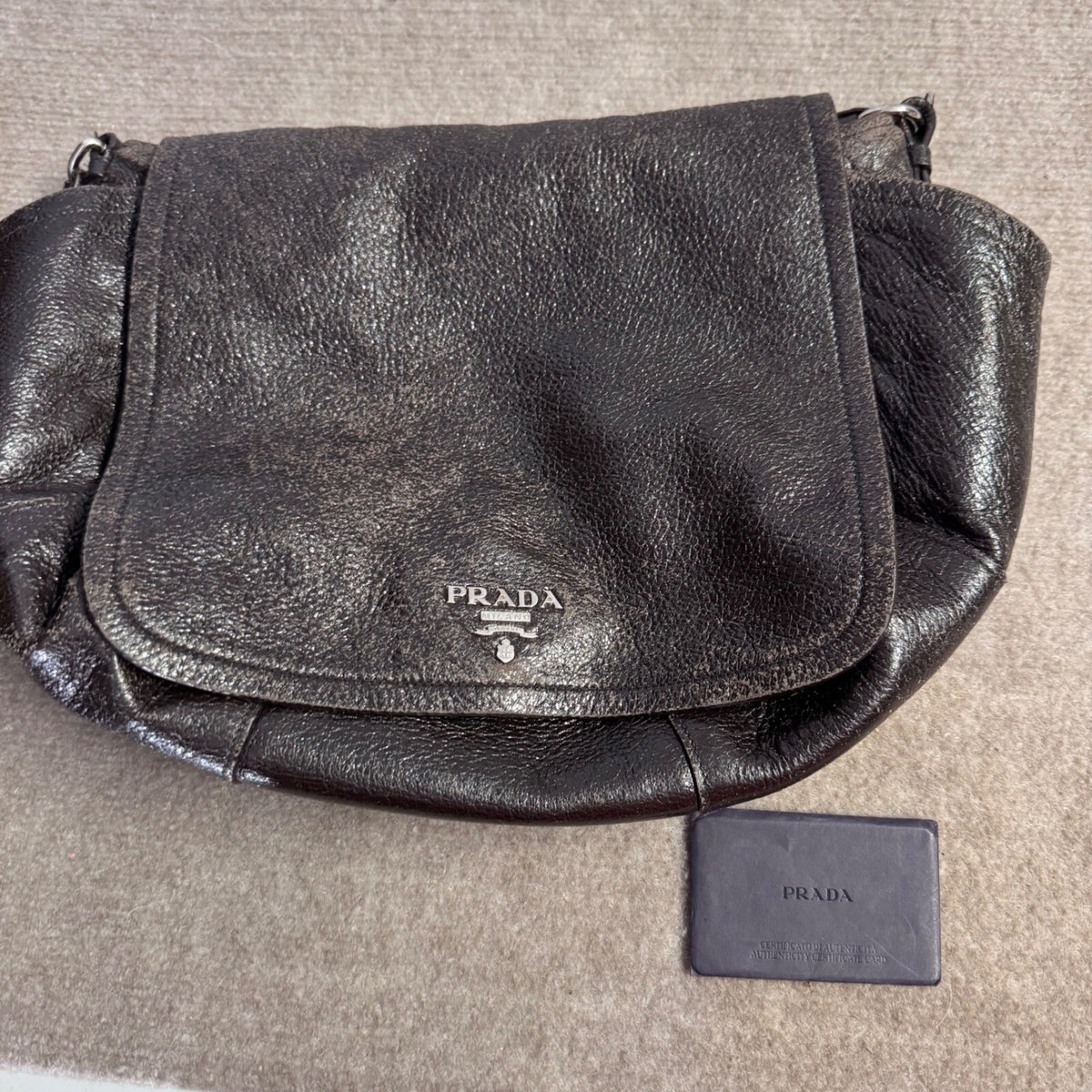 Prada Cervo Lux Leather Chain Shoulder Bag Women Metallic Distressed Flap Luxury