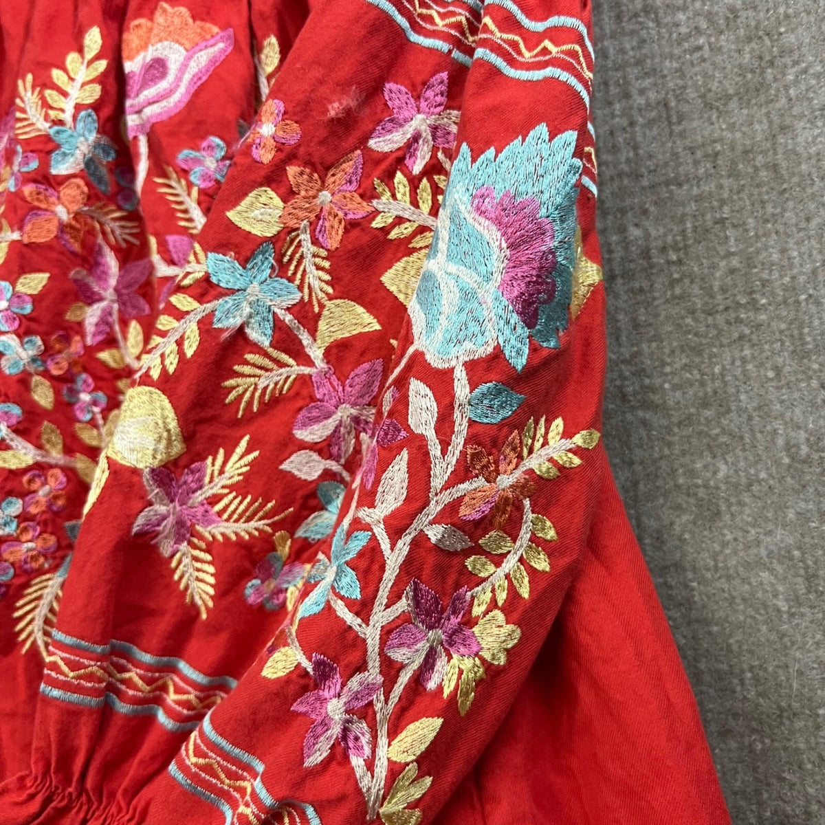 Free People Red Embroidered Off Shoulder Dress Bohemian Boho Milkmaid Size S
