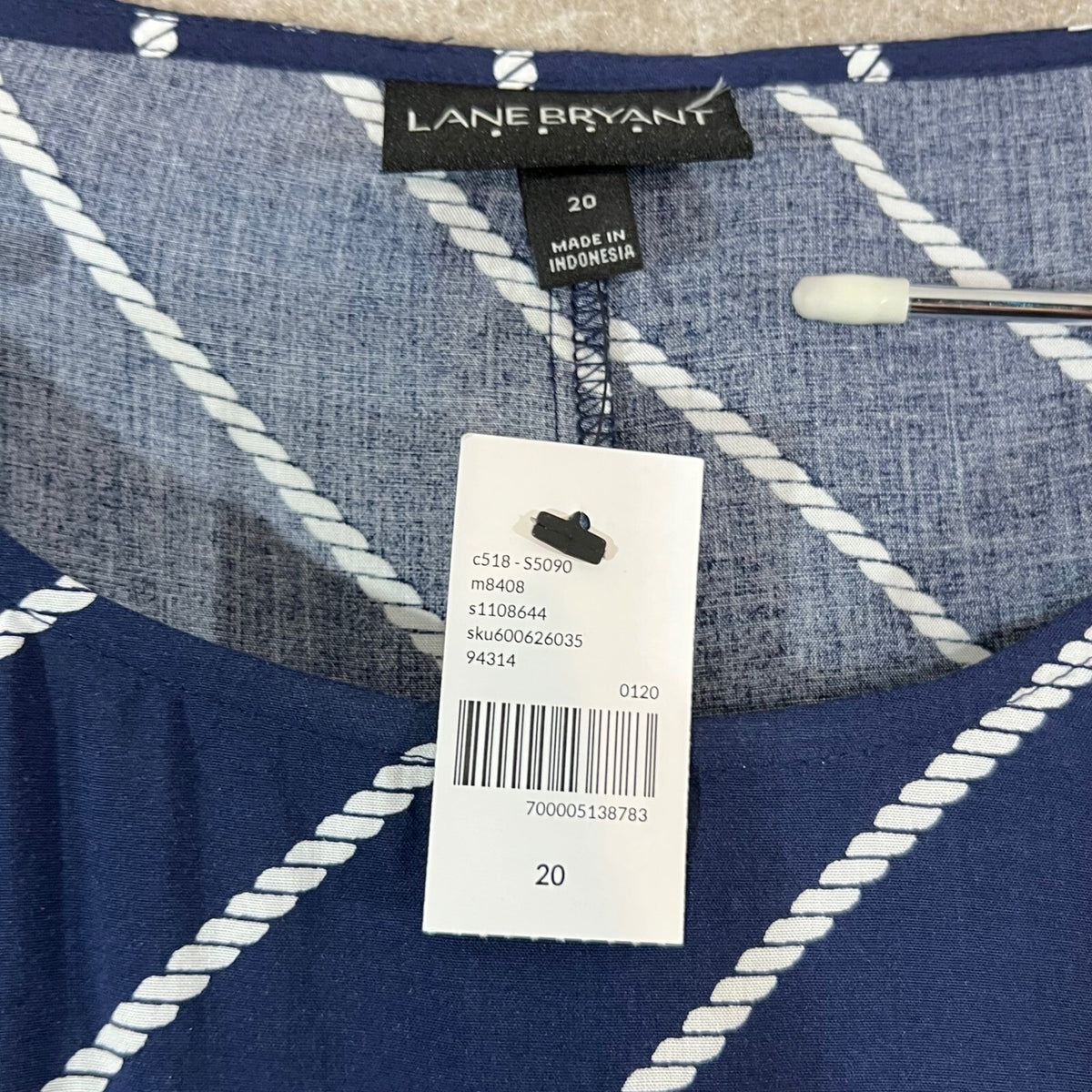 Lane Bryant Blouse Womens 20 Navy Rope Stripe Tie Back Long Sleeve NWT
