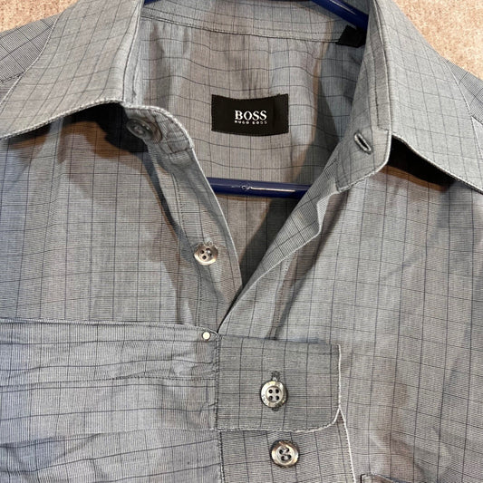 Hugo Boss Button Up Shirt Mens 15.5 34/35 Gray Plaid Long Sleeve Business Casual