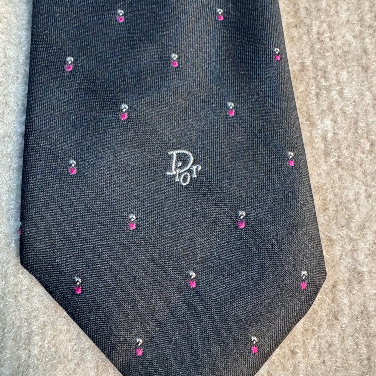 Vintage Christian Dior Necktie Black Pink Micro Dot CD Logo Silk Blend Italy