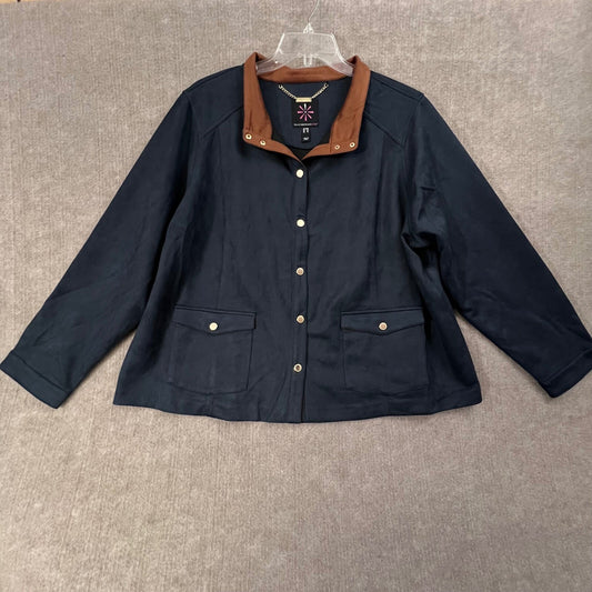 Isaac Mizrahi LIVE! Blue Jacket Brown Trim Gold Button Size 28W Blazer Coat