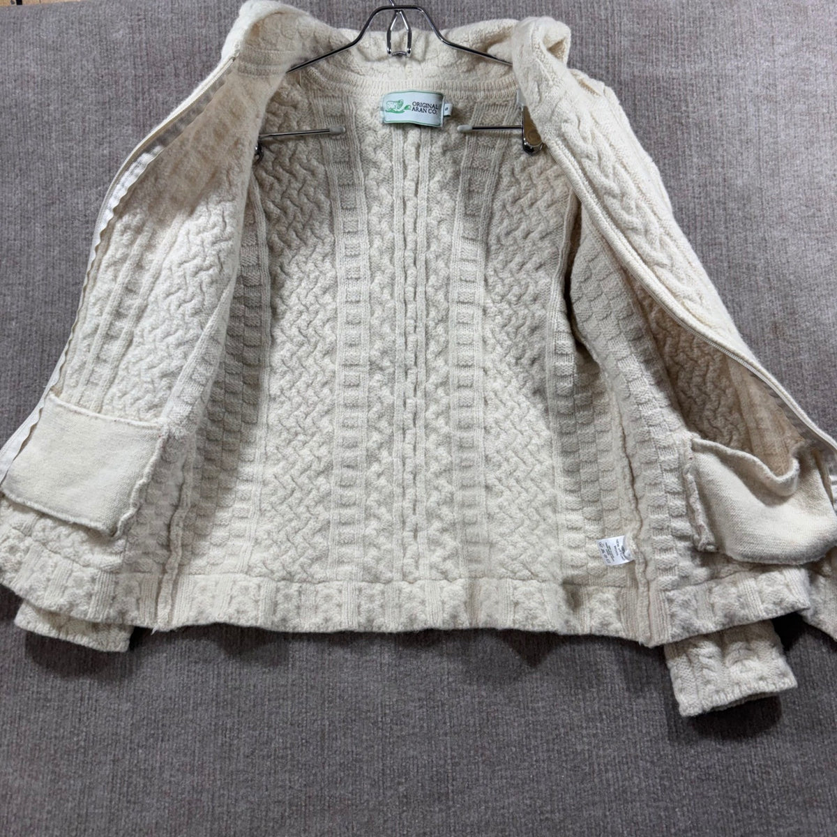 Original Aran Co Merino Wool Cable Knit Zip Hoodie Cream XS Small Read