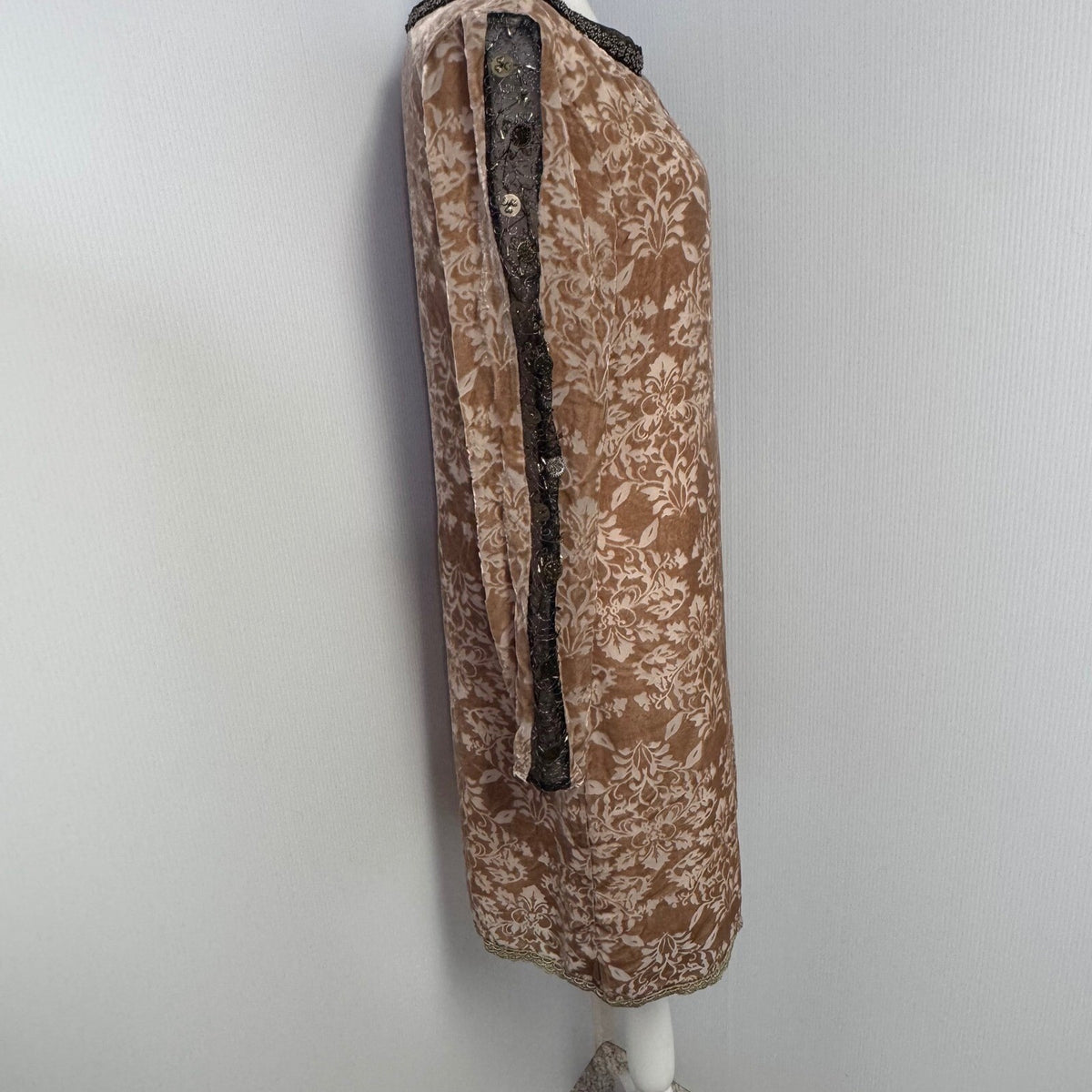 Vintage Velvet Damask Sundance Shift Dress Womens 6 Beaded Trim Long Sleeve Boho