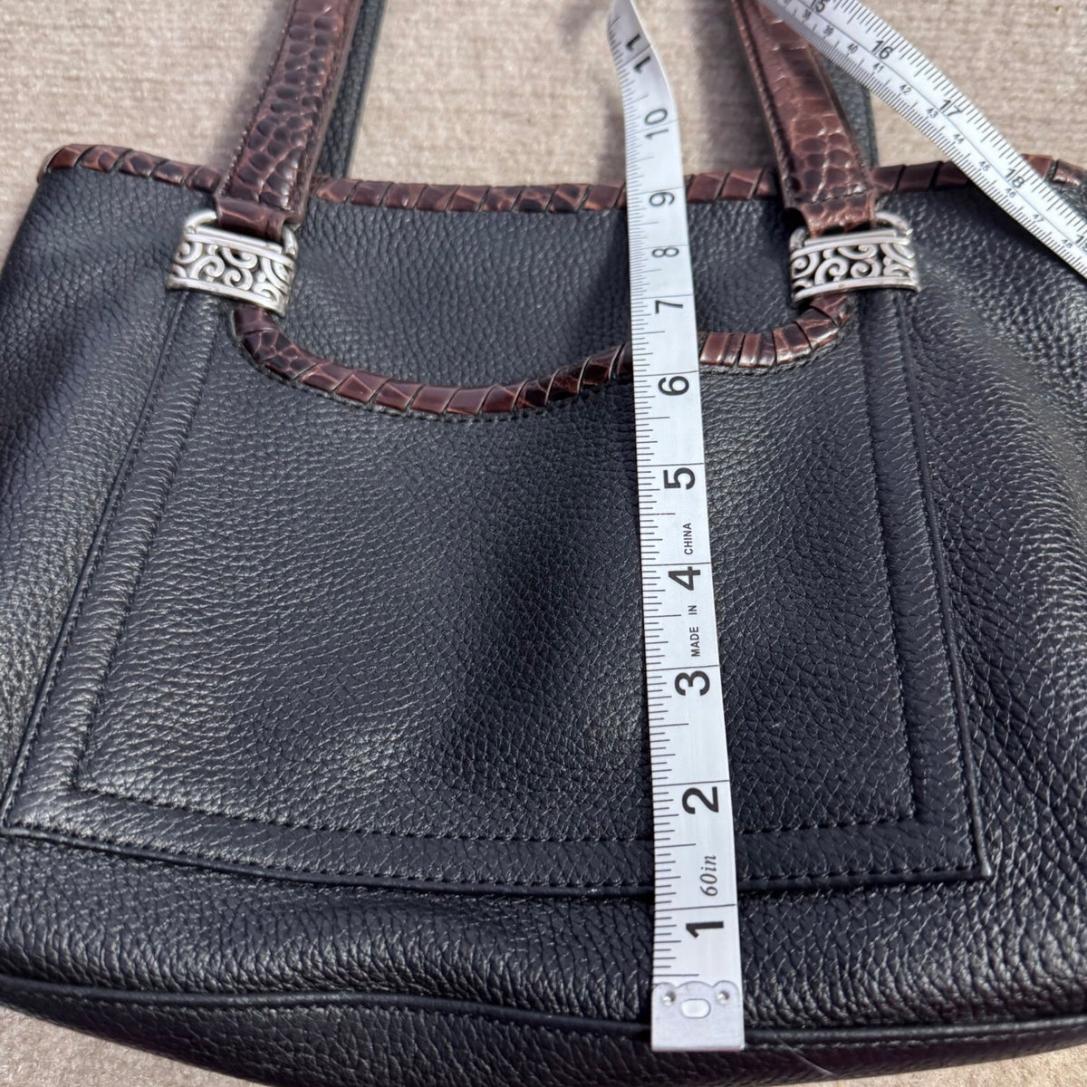 Brighton Leather Tote Bag Womens Black Brown Croc Trim Silver Hardware Classic