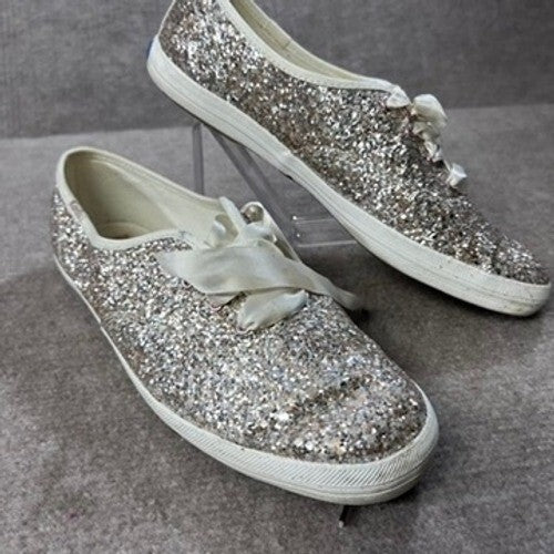 Keds x Kate Spade 9.5 Glitter Ribbon Lace Up Sneakers Gold Silver Bridal Wedding