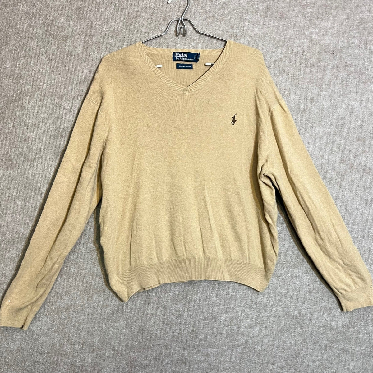 Polo Ralph Lauren V Neck Sweater Mens XL Tan Pima Cotton Pony Logo Preppy