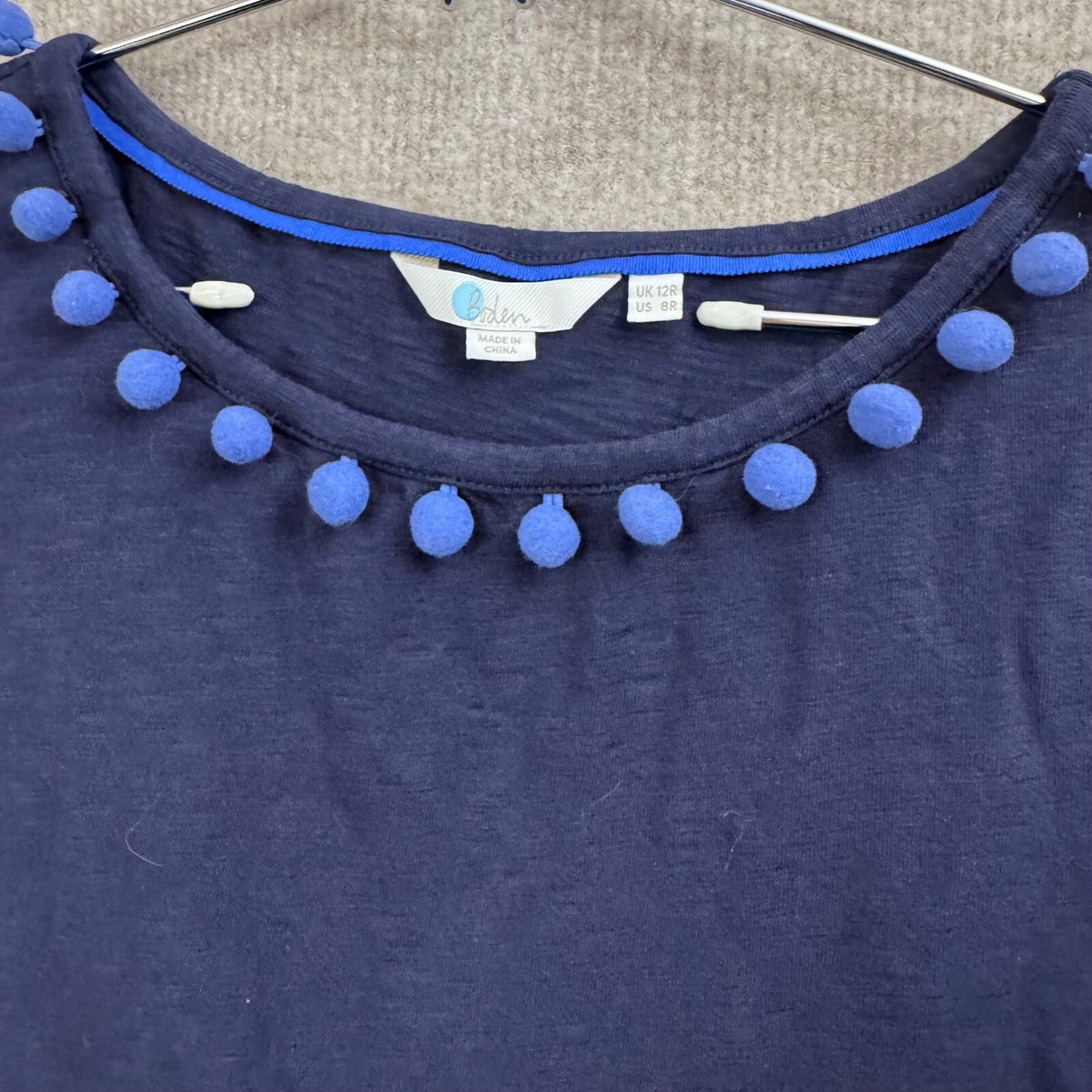 Boden Navy Blue Pom Pom Trim Short Sleeve Casual Dress UK 12 US 8 Cotton