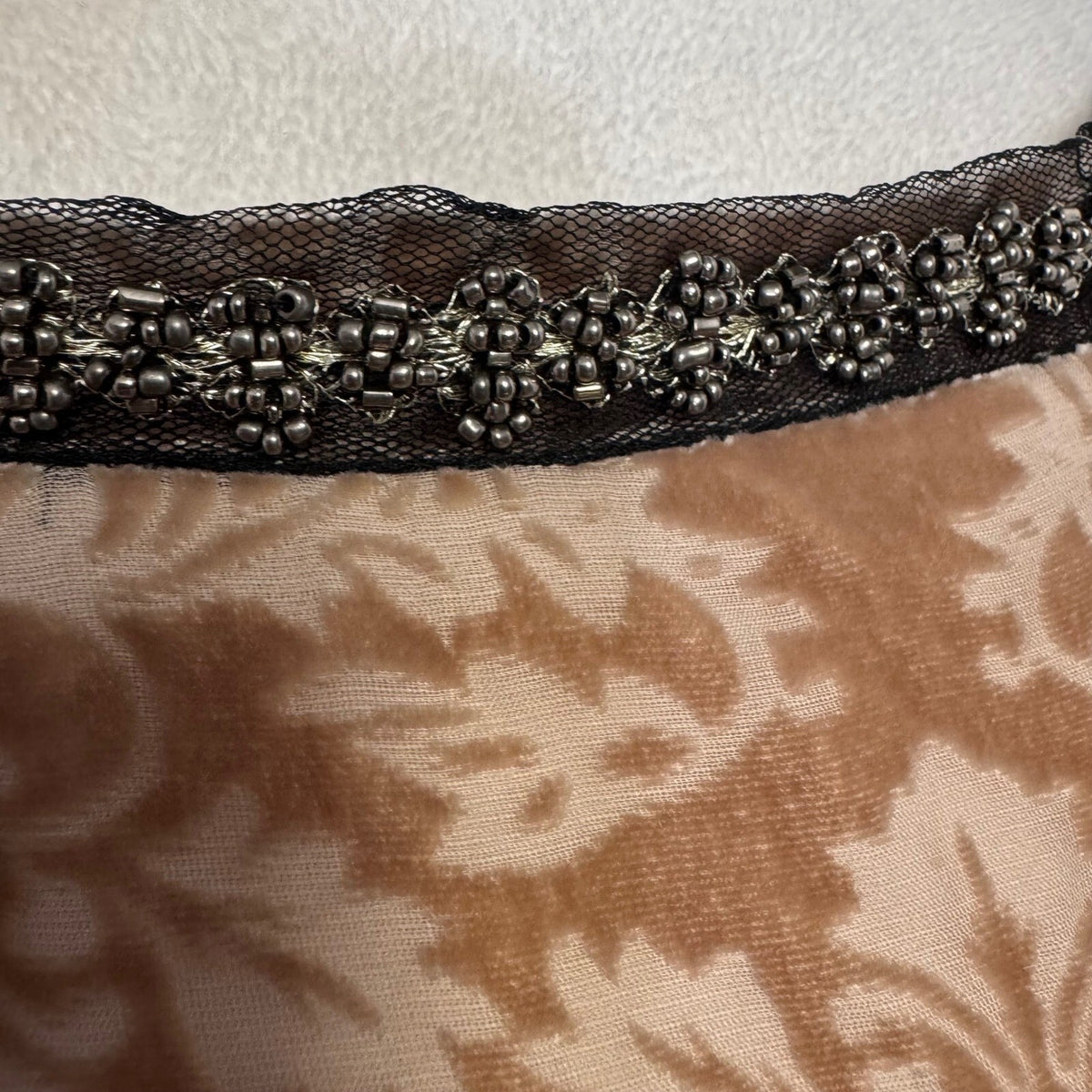 Vintage Velvet Damask Sundance Shift Dress Womens 6 Beaded Trim Long Sleeve Boho
