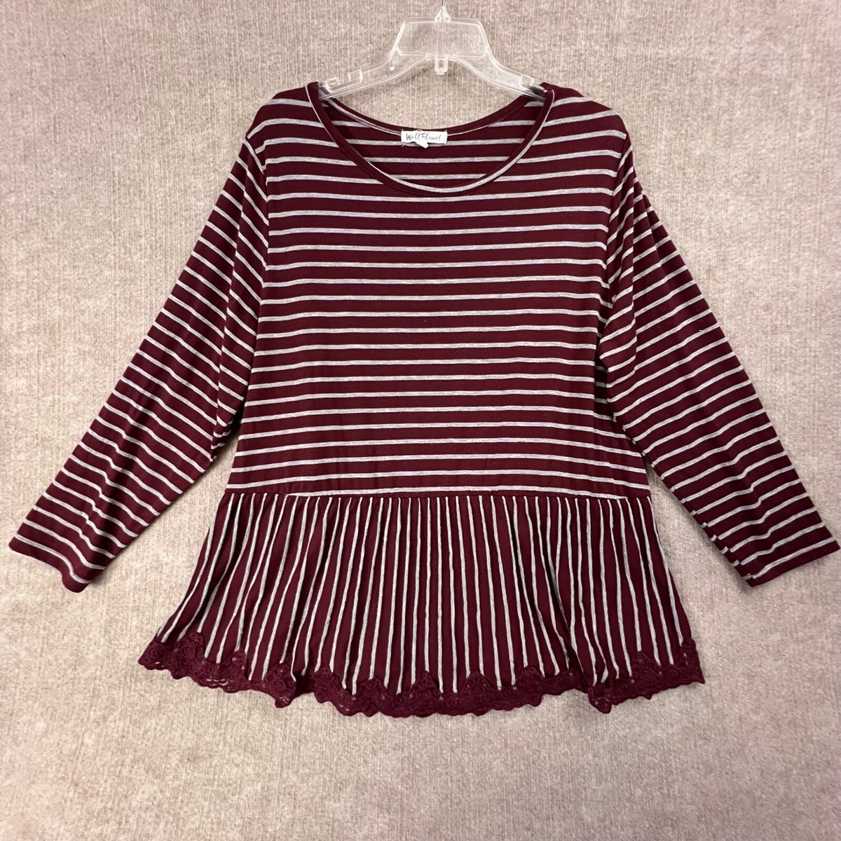 Wallflower 3X Peplum Top Plus Size Burgundy Stripe Long Sleeve Lace Trim