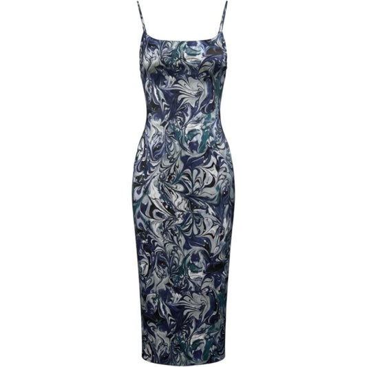 Abercrombie & Fitch Slit Satin Midi Dress S Blue Marble Print Sheath Bodycon