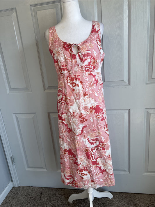 Liz & Co Dress Womens 14P Pink Floral Sleeveless Side Zip Tie Front Summer Lined