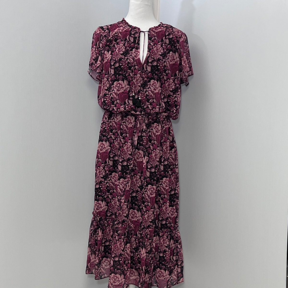 PAIGE Floral Print Midi Dress Purple Pink Black Short Sleeve Womens Size L