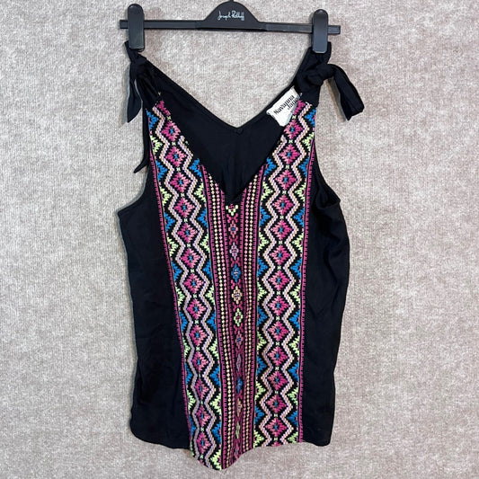 Savanna Jane Embroidered Tank Top Women Small Black Tie Strap Boho Festival Folk