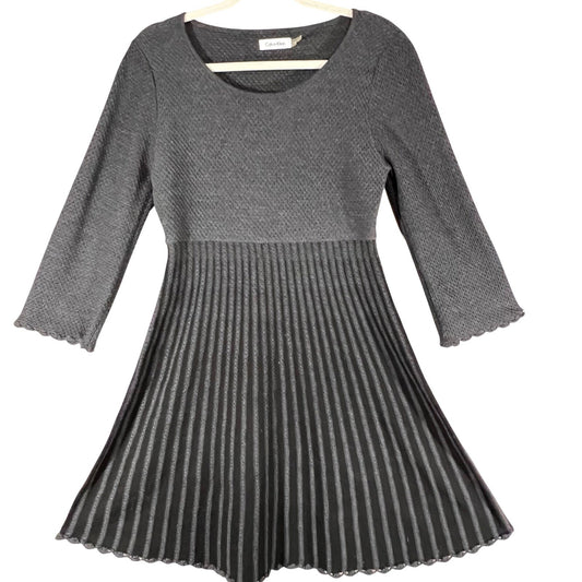Calvin Klein Fit and Flare Dress Womens Medium Gray Pleated Knit Minimalist