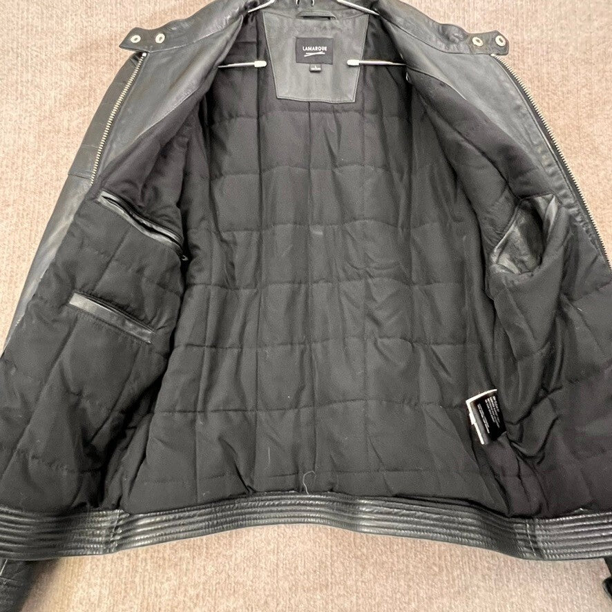 Lamarque Leather Jacket Men L Black Full Zip Moto Biker Bomber Quilted Liner