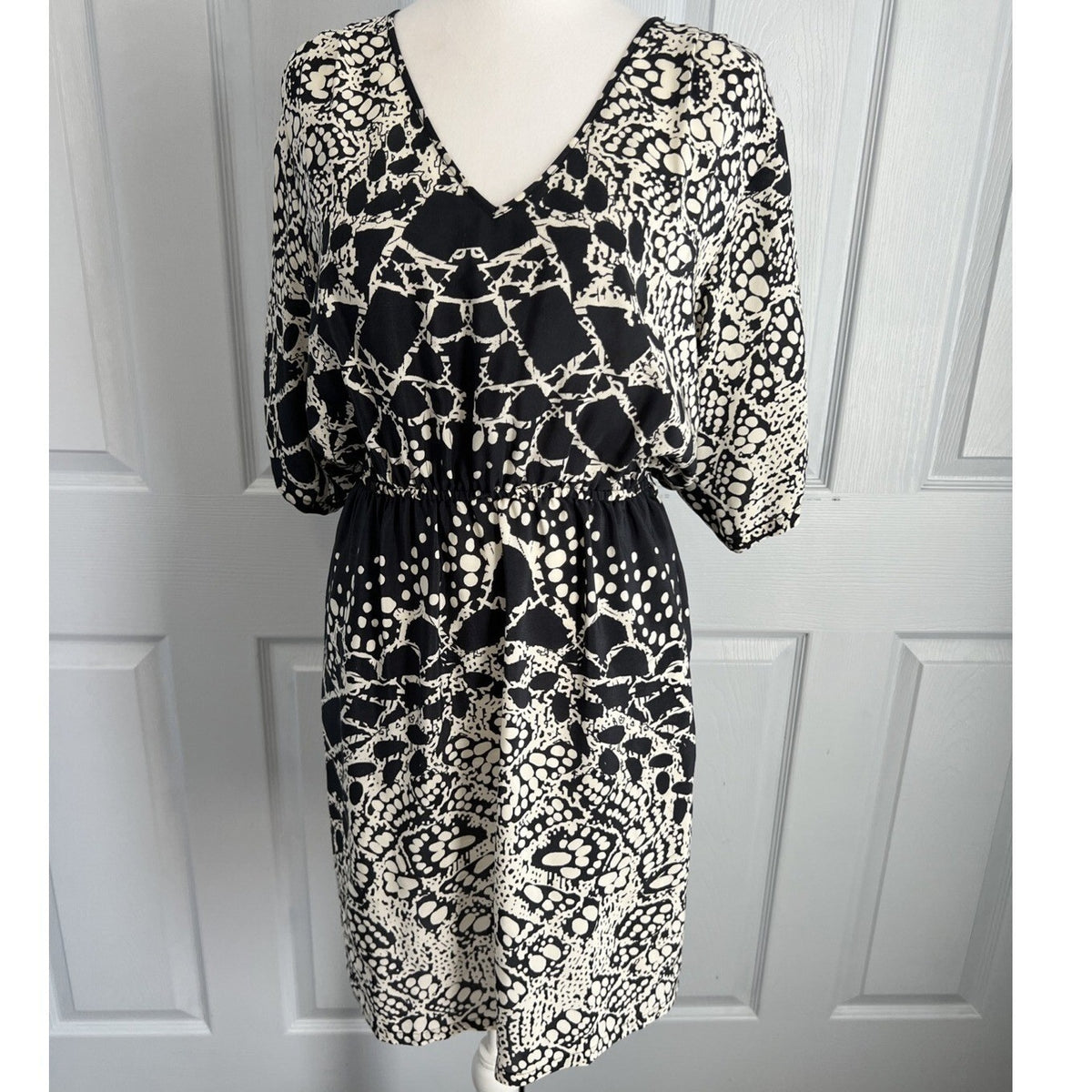 Presley Skye Silk Dress Womens S Gray Geometric Boho Fit Flare Pockets