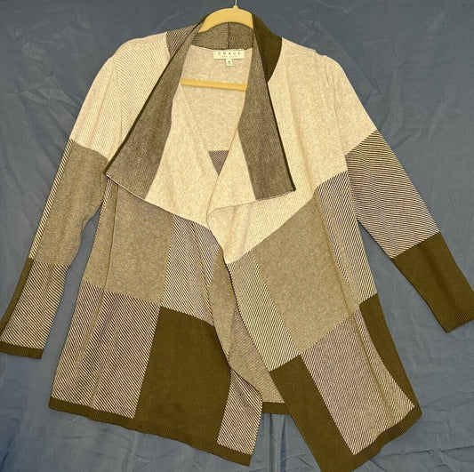 CHAUS New York Draped Open Front Cardigan Sweater - Size M, Ivory/Gray/Olive