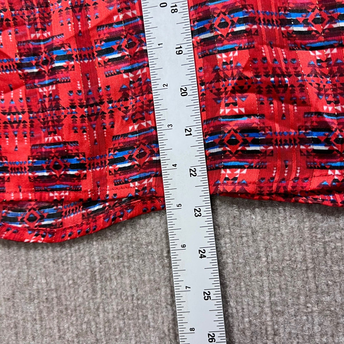 AQUA x PENDLETON Red Blue Geometric Print Ruffle Sleeve Mock Neck Blouse Size S