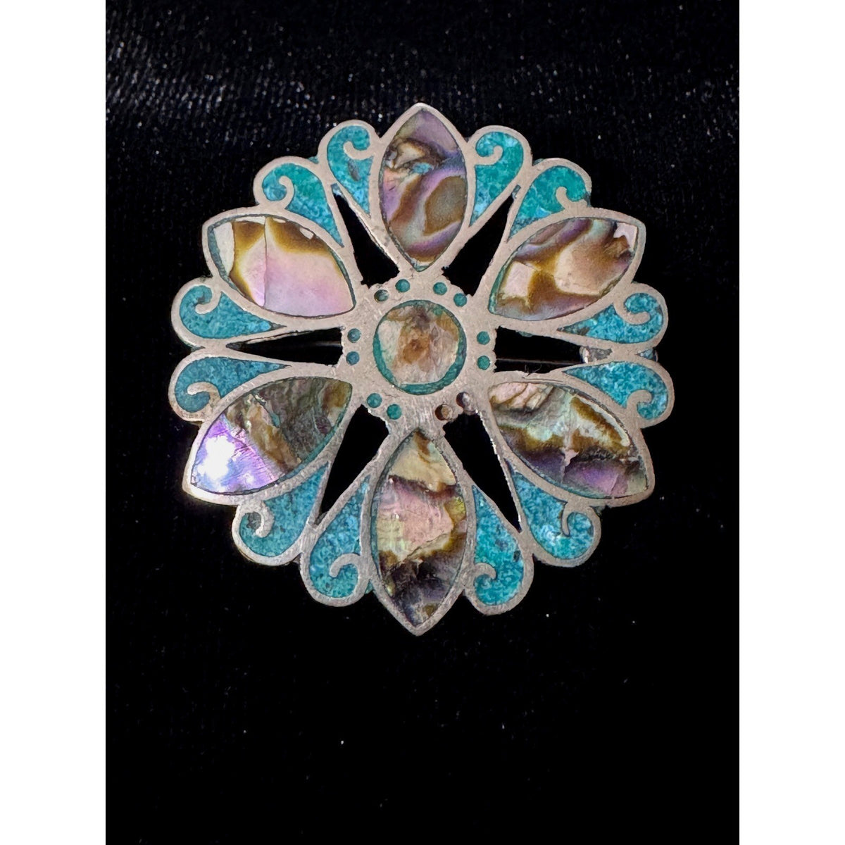 Vintage Taxco Beto Brooch Pendant Unisex OS Abalone Turquoise Inlay Floral READ