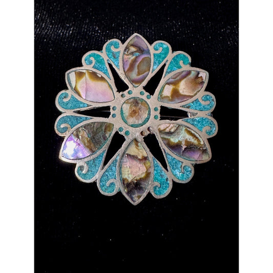 Vintage Taxco Beto Brooch Pendant Unisex OS Abalone Turquoise Inlay Floral READ