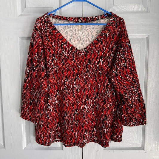 Anne Klein Sport 1X Red Digital Pattern Tunic 3/4 sleeve Career Top