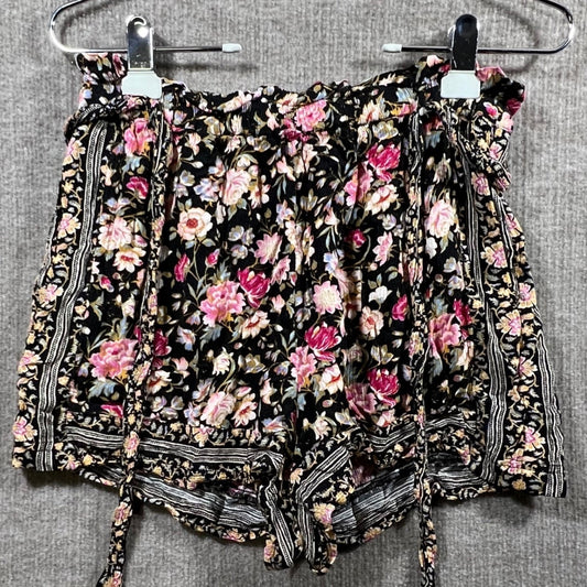American Eagle Outfitters Floral Paperbag Waist Shorts Black Pink M