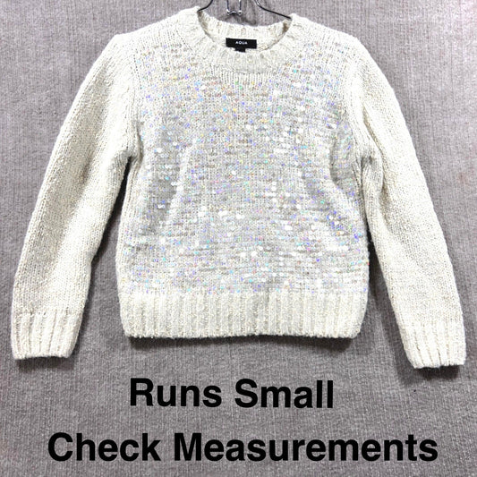 AQUA Womens L Cream Sequin Embellished Knit Sweater Cozy Holiday Sparkle