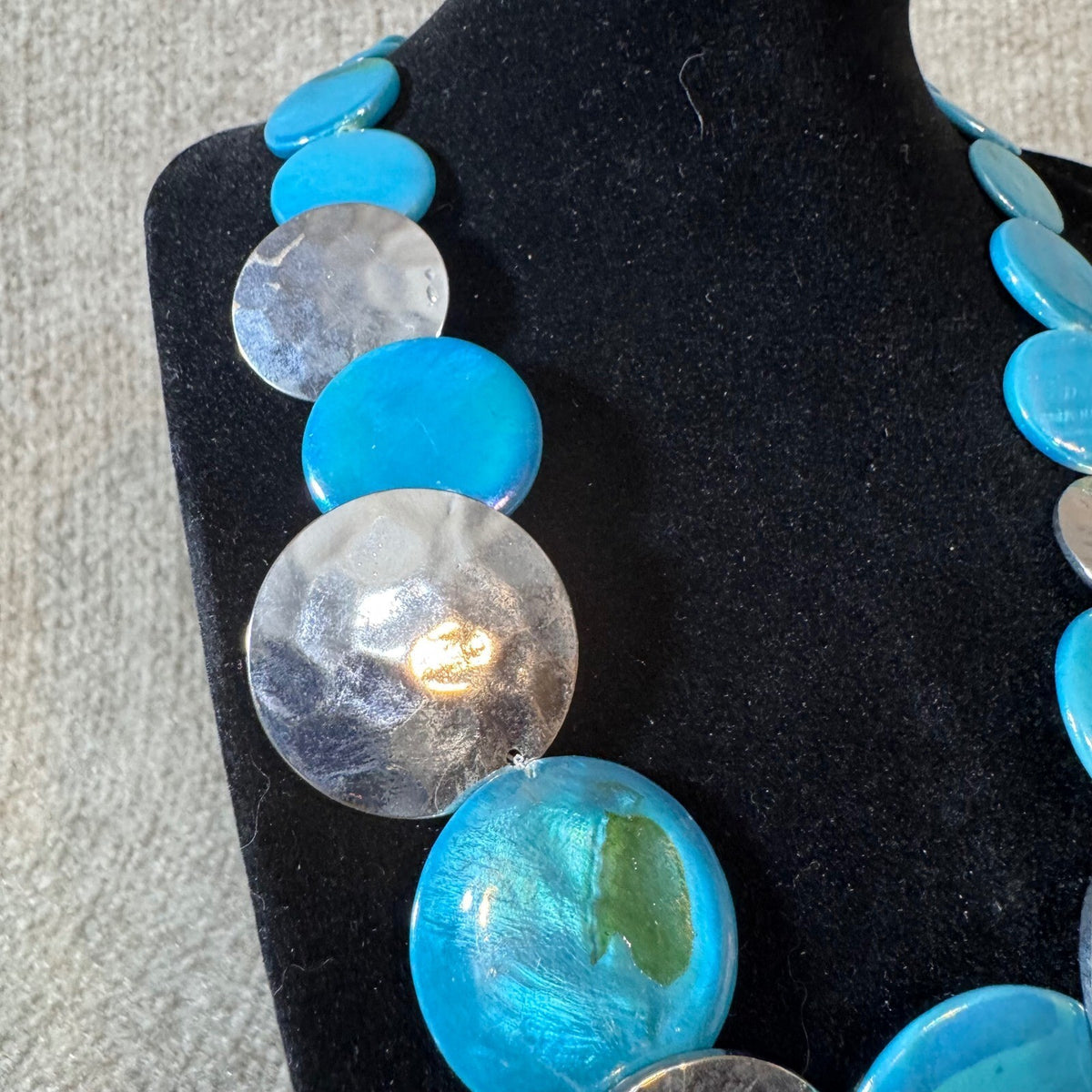 Blue Disc Statement Necklace Hammered Silver Tone Coastal Boho Mermaidcore