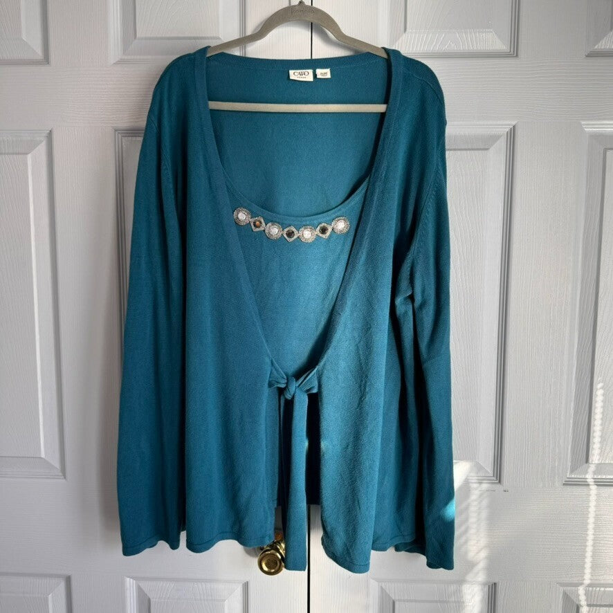 CATO Woman 26/28 Sweater with Embellished Neckline and Attached Tie Front Jacket