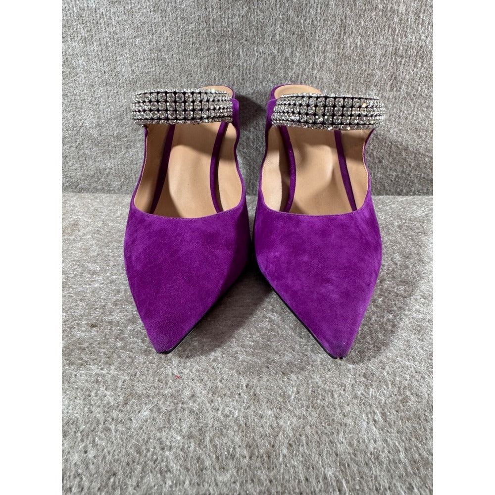 Lola Cruz Suede Mules Women 40 Purple Rhinestone Strap Pointed Toe Stiletto