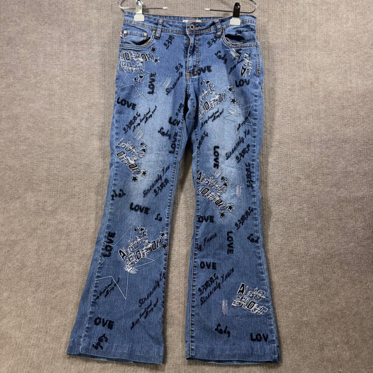 Moto Blues Jeans Girls women 8 Flared Embroidered Word Art Denim Pants