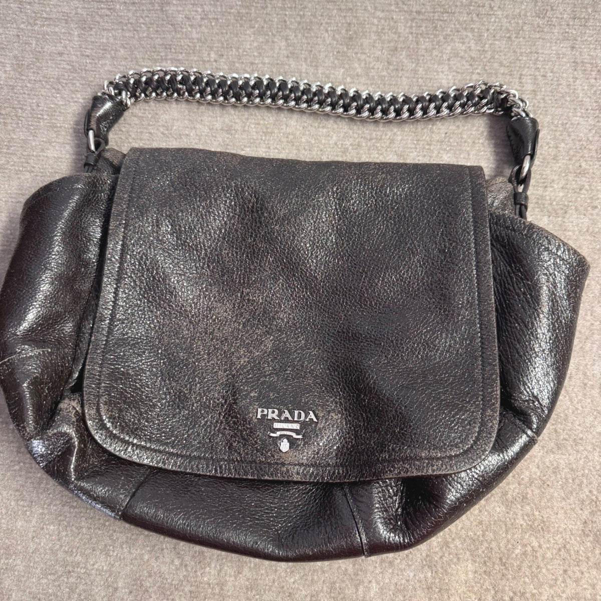 Prada Cervo Lux Leather Chain Shoulder Bag Women Metallic Distressed Flap Luxury